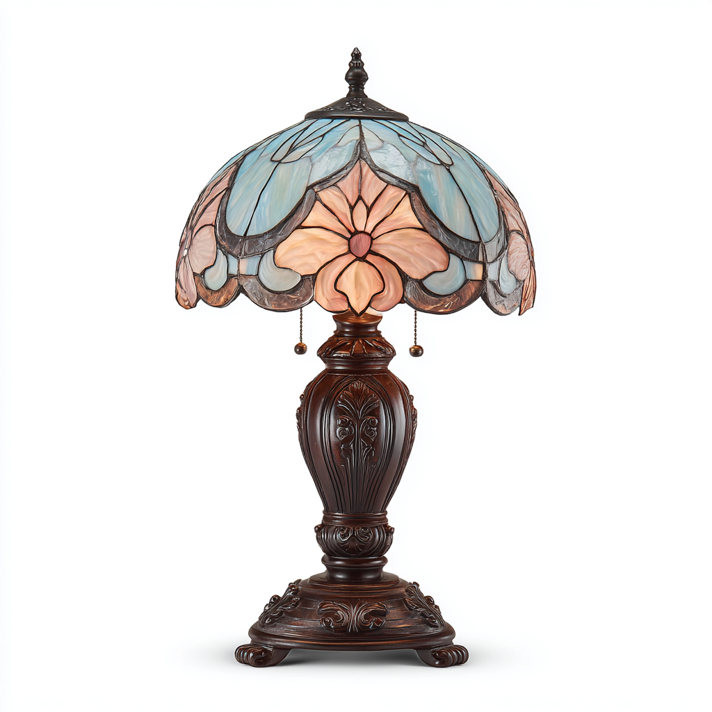 Lampada Tiffany stile con paralume in vetro colorato a fiori e base in legno 30x30x65 cm - rosa-azzurro-marrone - stile vintage artistico-Houseure