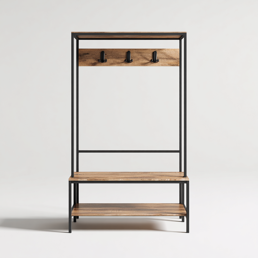 Attaccapanni con struttura in metallo nero e top in legno naturale - 80x40x180 cm - Legno chiaro-Nero - Design moderno-Houseure