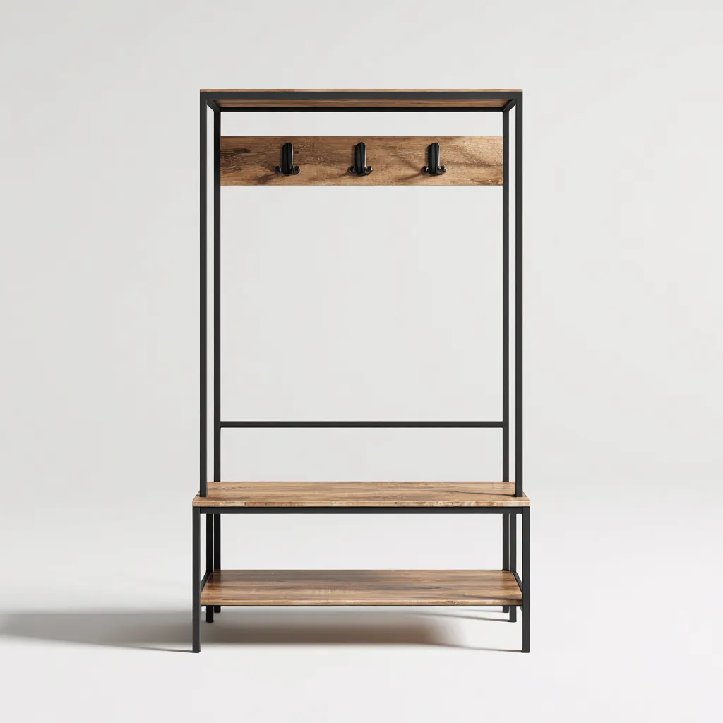 Attaccapanni con struttura in metallo nero e top in legno naturale - 80x40x180 cm - Legno chiaro-Nero - Design moderno-Houseure