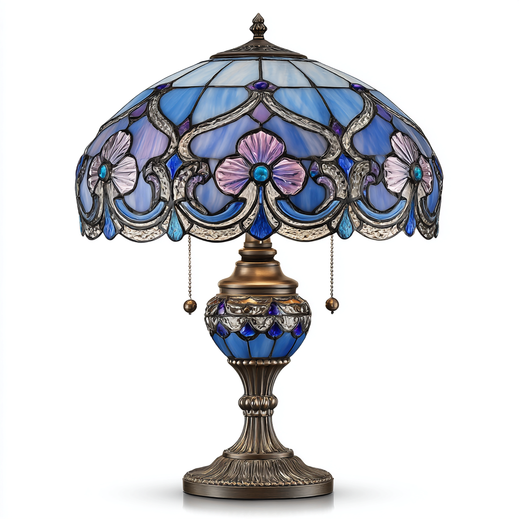 Lampada Tiffany stile con base in ottone antico e paralume in vetro colorato a fiori 35x35x65 cm - blu-rosa-argento - stile vintage artistico-Houseure