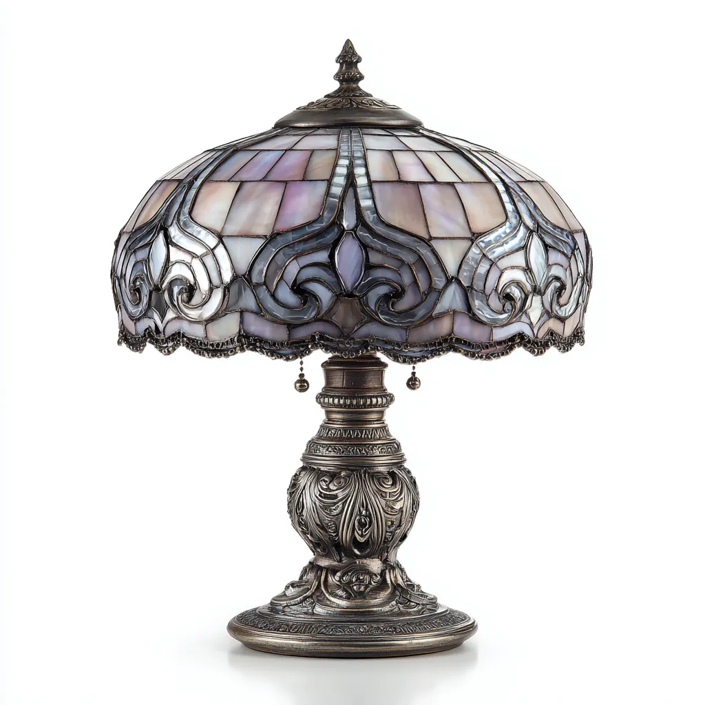 Lampada da tavolo Tiffany design ornamentale con paralume in vetro colorato 40x25x25 cm - lilla-bianco - stile classico con base in metallo antico-Houseure