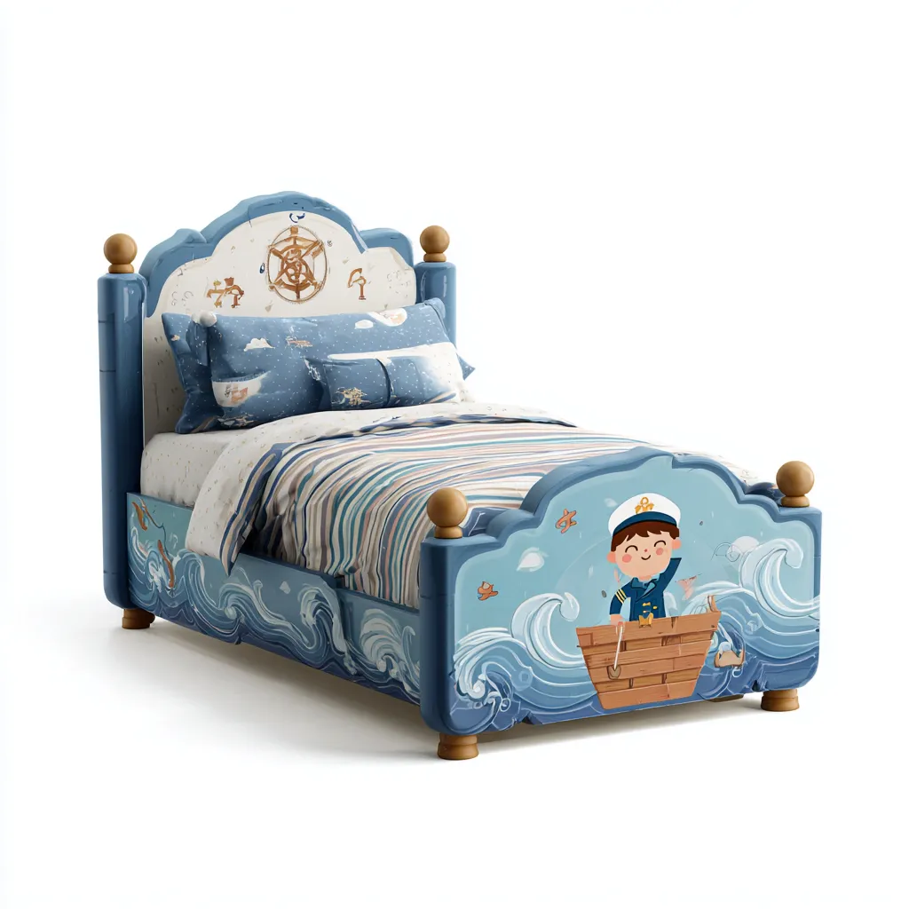 Letto per bambini con tema marittimo 190x90x85 cm - blu-bianco - design onde e marinaio-Houseure