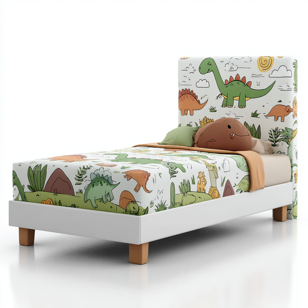 Letto per bambini con tema dinosauri 190x90x100 cm - bianco-verde - con testata a tema dinosauri-Houseure