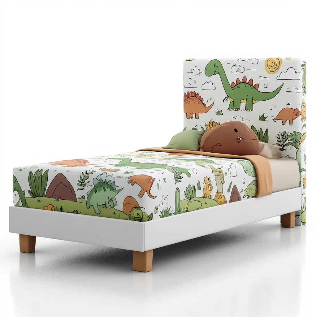 Letto per bambini con tema dinosauri 190x90x100 cm - bianco-verde - con testata a tema dinosauri-Houseure