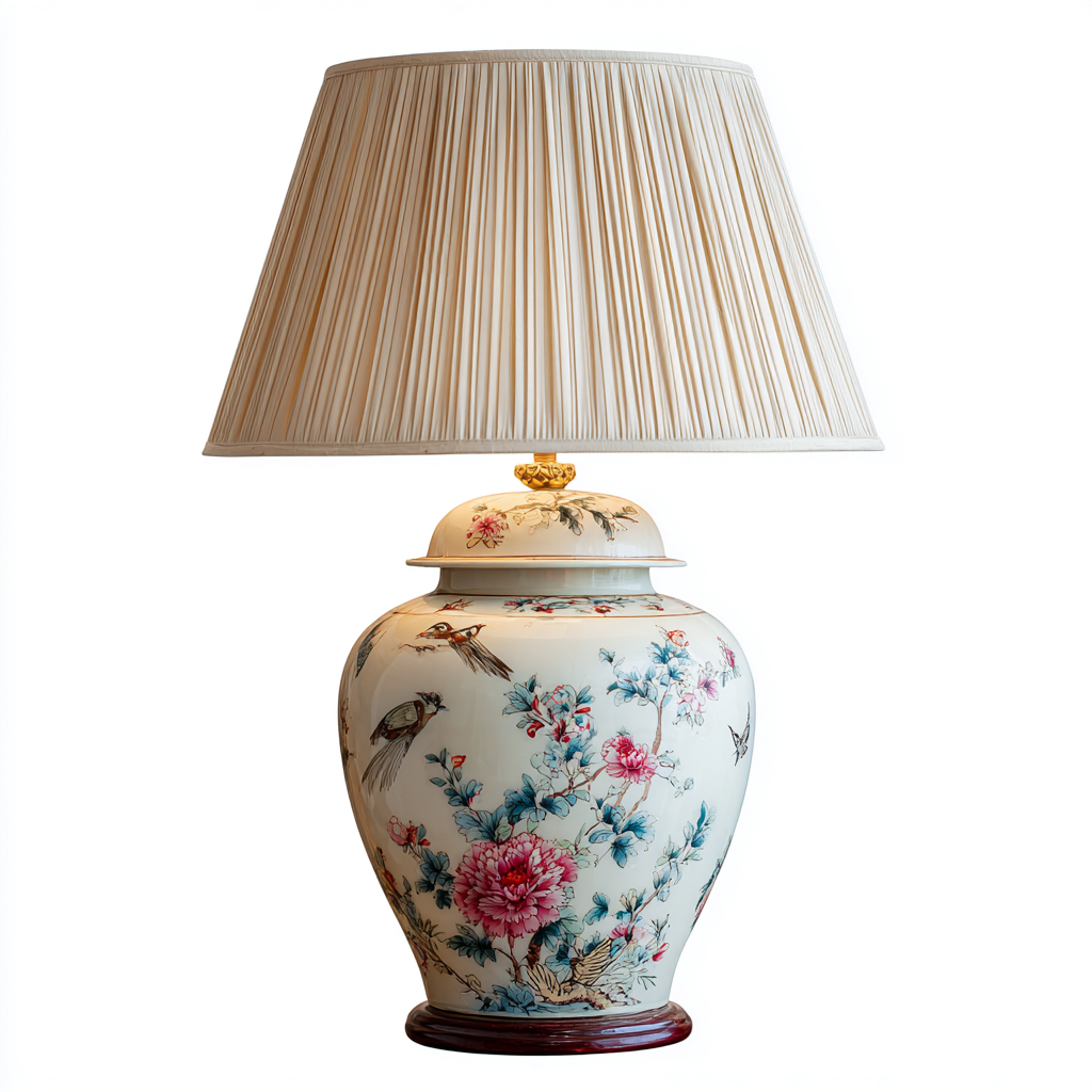 Lampada in Ceramica con Paralume Elegante 30x30x60 cm - Bianco e Multicolore - Stile Vintage e Tradizionale-Houseure