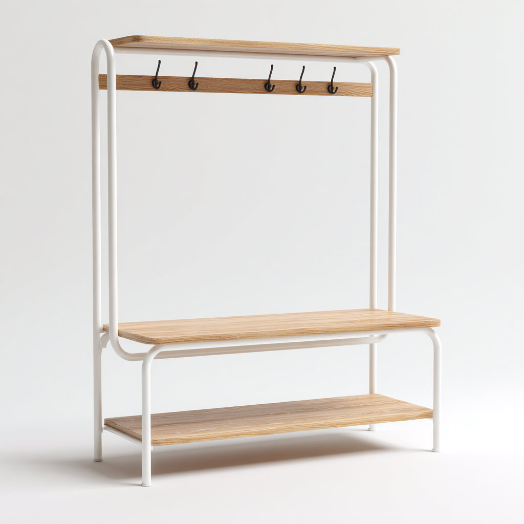 Appendino con mensola e ripiani in legno - 80x30x160 cm - Legno chiaro-Bianco - Design minimalista-Houseure