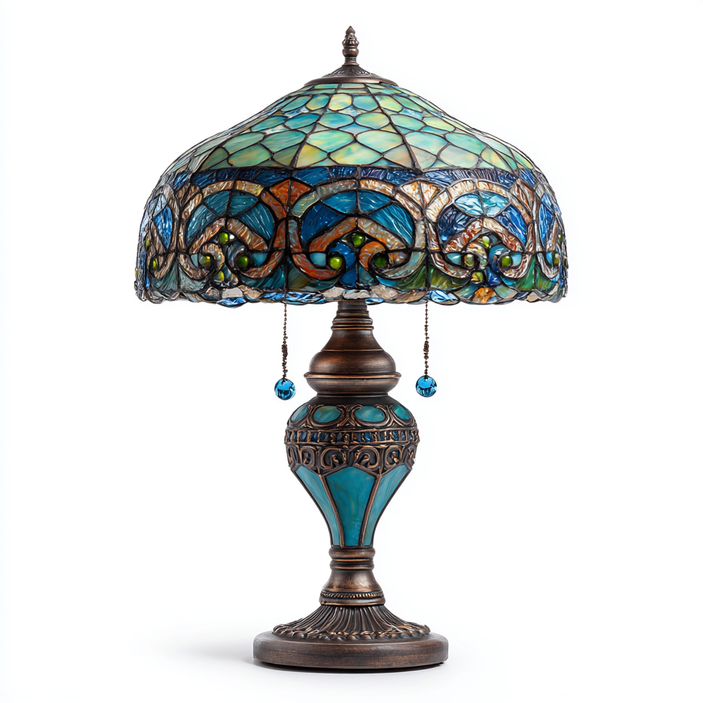 Lampada da tavolo Tiffany design ornamentale con paralume in vetro colorato 40x25x25 cm - verde-blu-arancione - stile classico con base in metallo antico-Houseure