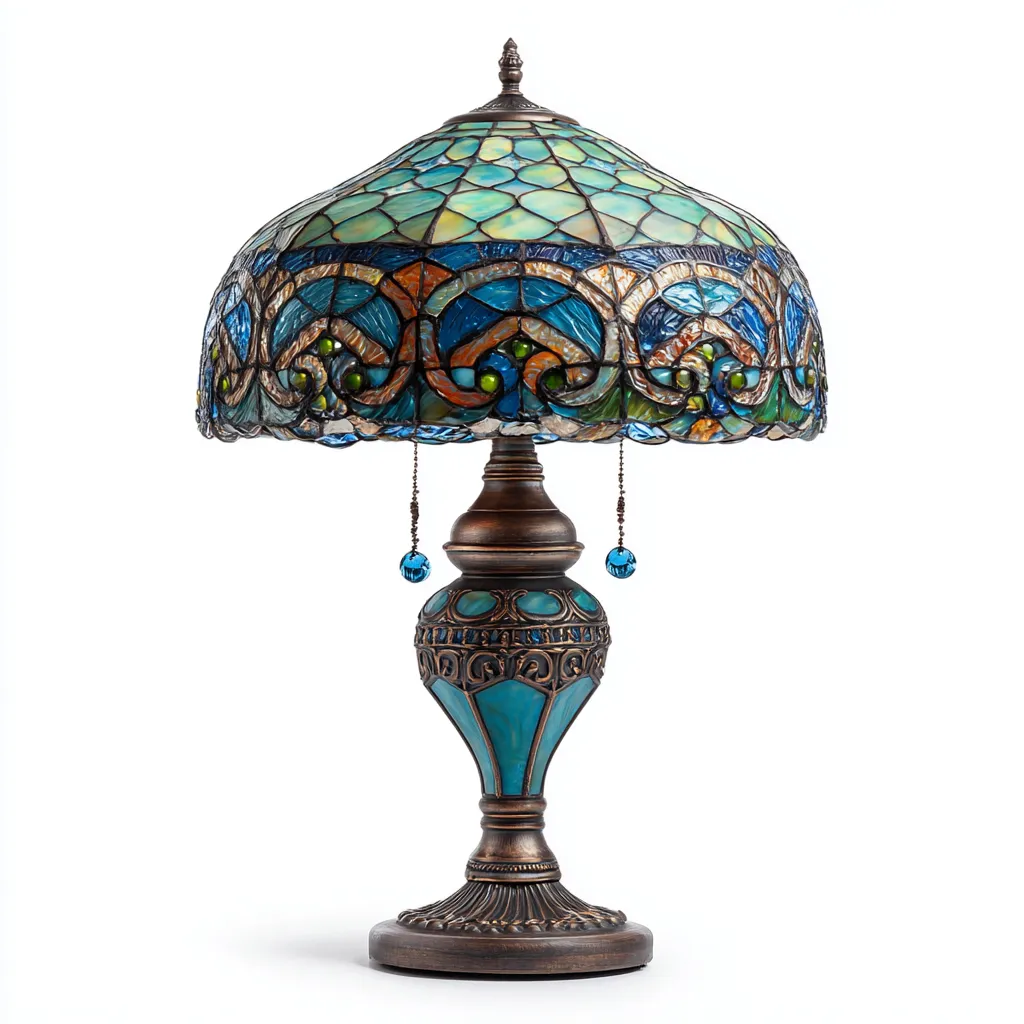 Lampada da tavolo Tiffany design ornamentale con paralume in vetro colorato 40x25x25 cm - verde-blu-arancione - stile classico con base in metallo antico-Houseure