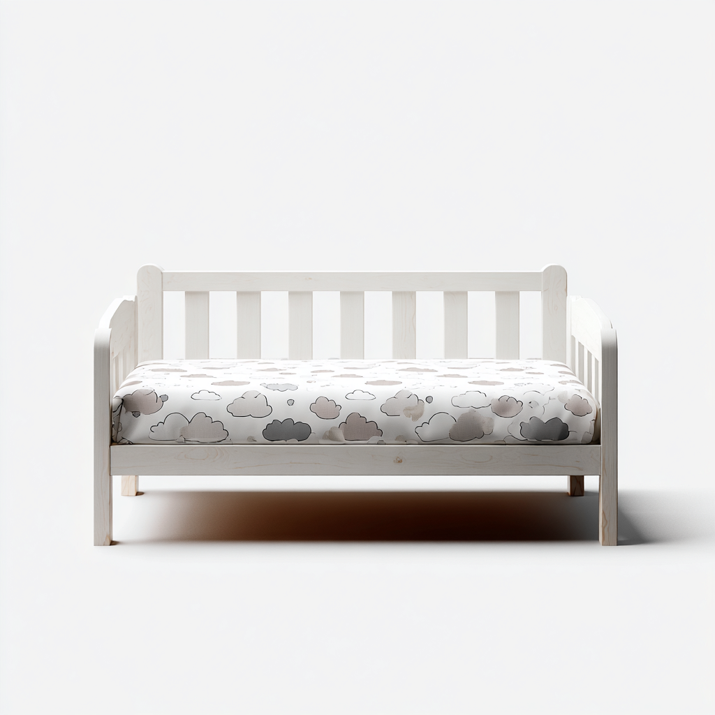 Letto per bambini in legno 120x60x80 cm - bianco - con testata e pediera - tessuto con nuvole grigie-Houseure