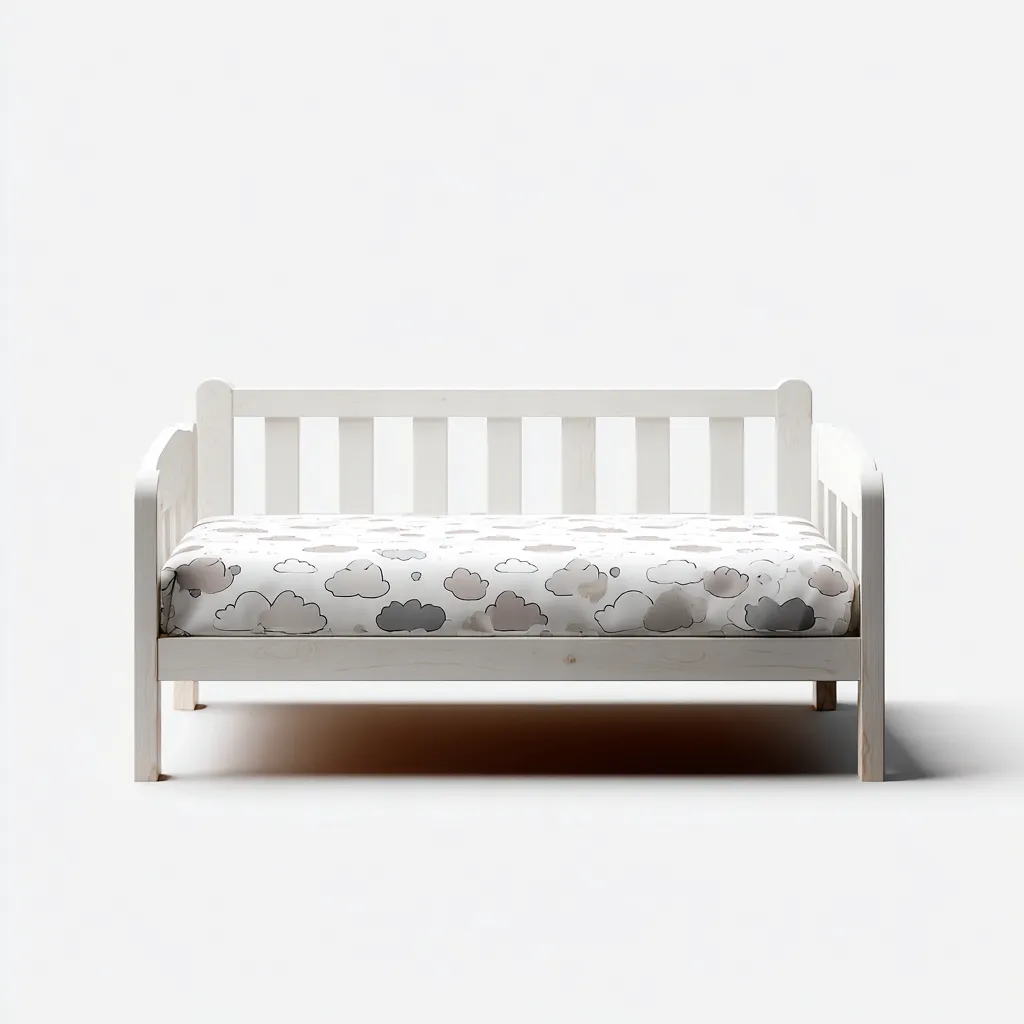 Letto per bambini in legno 120x60x80 cm - bianco - con testata e pediera - tessuto con nuvole grigie-Houseure