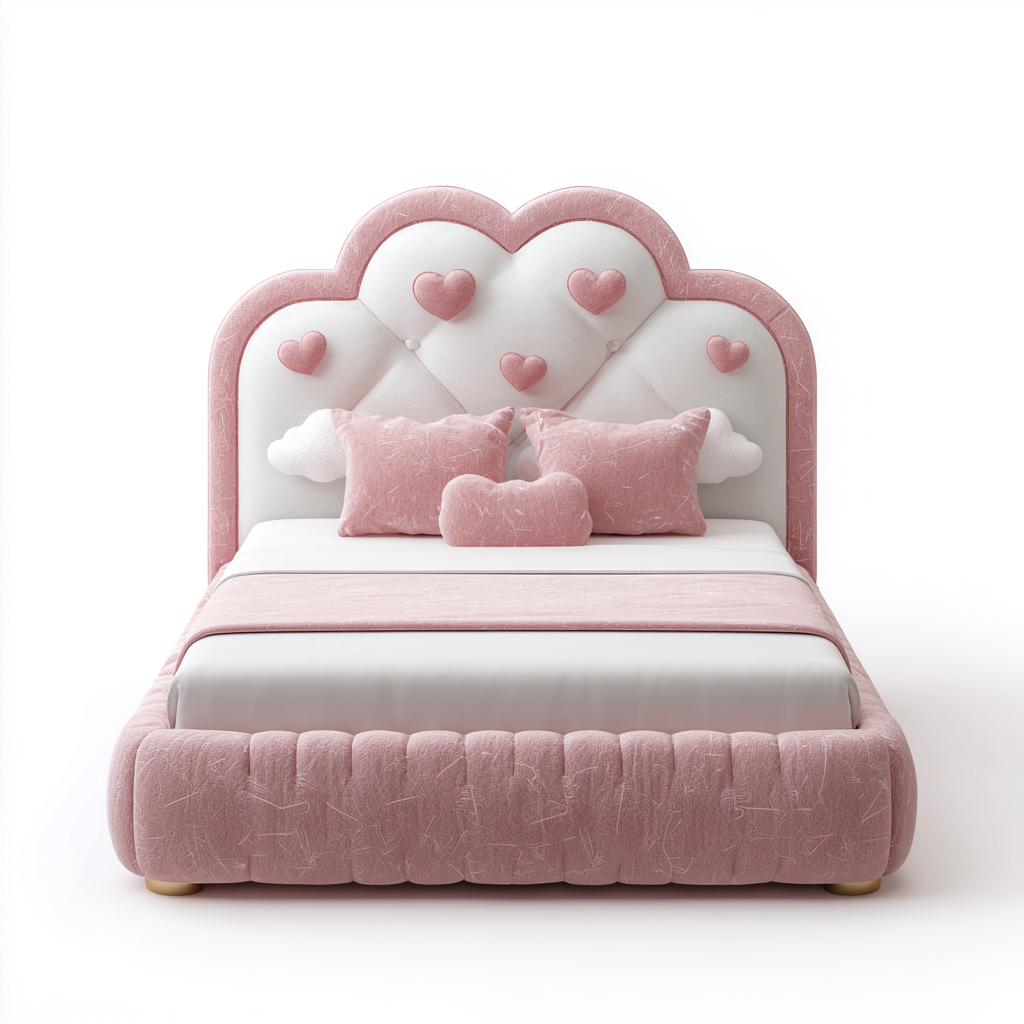 Letto per bambini in tessuto 160x60x80 cm - rosa-bianco - con testata a cuore e nuvola-Houseure