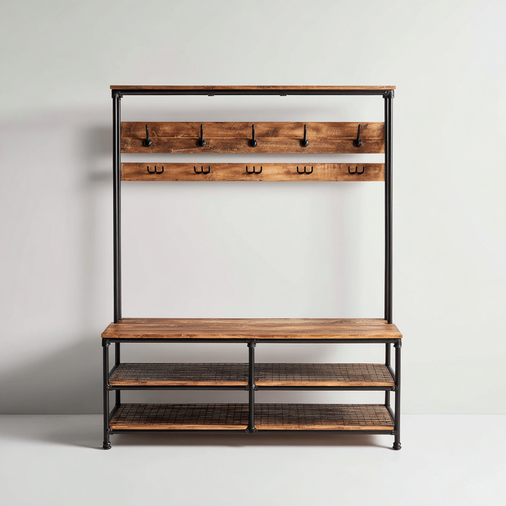 Attaccapanni con panca in legno e ripiano per scarpe - 100x40x180 cm - Legno scuro-Nero - Design industriale-Houseure