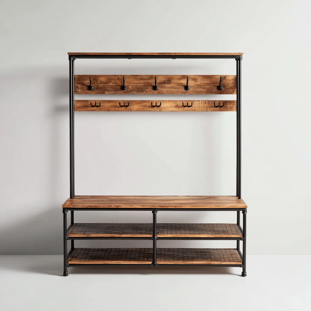 Attaccapanni con panca in legno e ripiano per scarpe - 100x40x180 cm - Legno scuro-Nero - Design industriale-Houseure