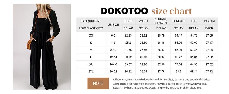 Dokotoo Women's Casual Loose Overalls Jumpsuits One Piece Long Sleeve Wide Leg Long Pant Rompers With Pockets
