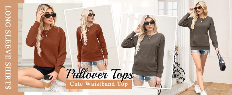 AUSELILY Womens Long Sleeve Sweatshirt Casual Crewneck Plain Pullover Tops with Pockets