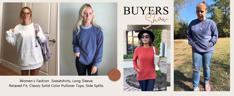 AUSELILY Womens Long Sleeve Sweatshirt Casual Crewneck Plain Pullover Tops with Pockets