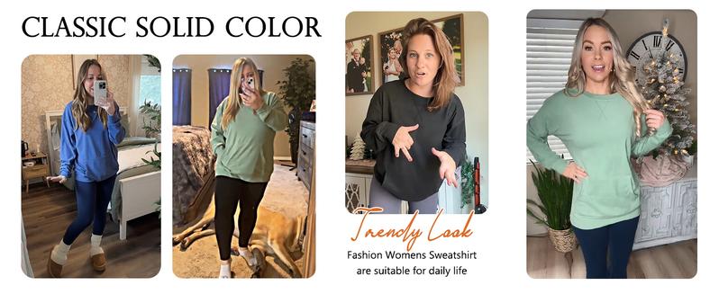 AUSELILY Womens Long Sleeve Sweatshirt Casual Crewneck Plain Pullover Tops with Pockets