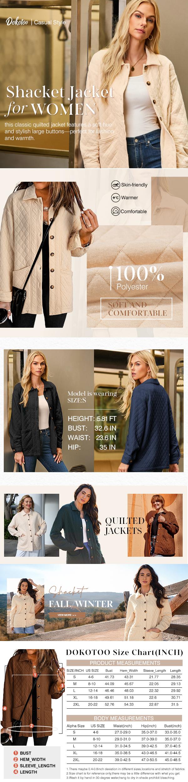 Dokotoo Casual Quilted Jackets for Women Button Down Collared Long Sleeve Shirts Fall Jackets with Pockets 2025