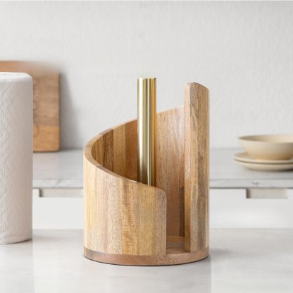 Mountain Paper Towel Holder Countertop with Mango Wood Round Base and Iron Holder