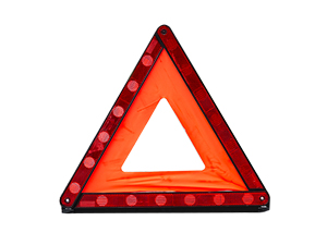 Varias vistas de un triángulo de advertencia rojo reflectante con luces LED, que muestra diferentes ángulos y estados de iluminación.