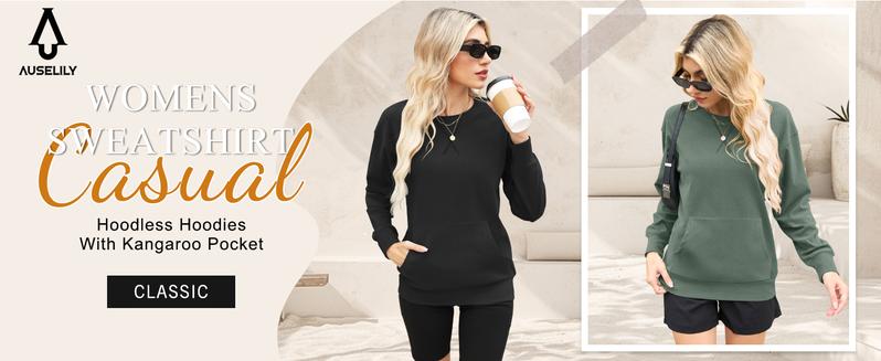 AUSELILY Womens Long Sleeve Sweatshirt Casual Crewneck Plain Pullover Tops with Pockets