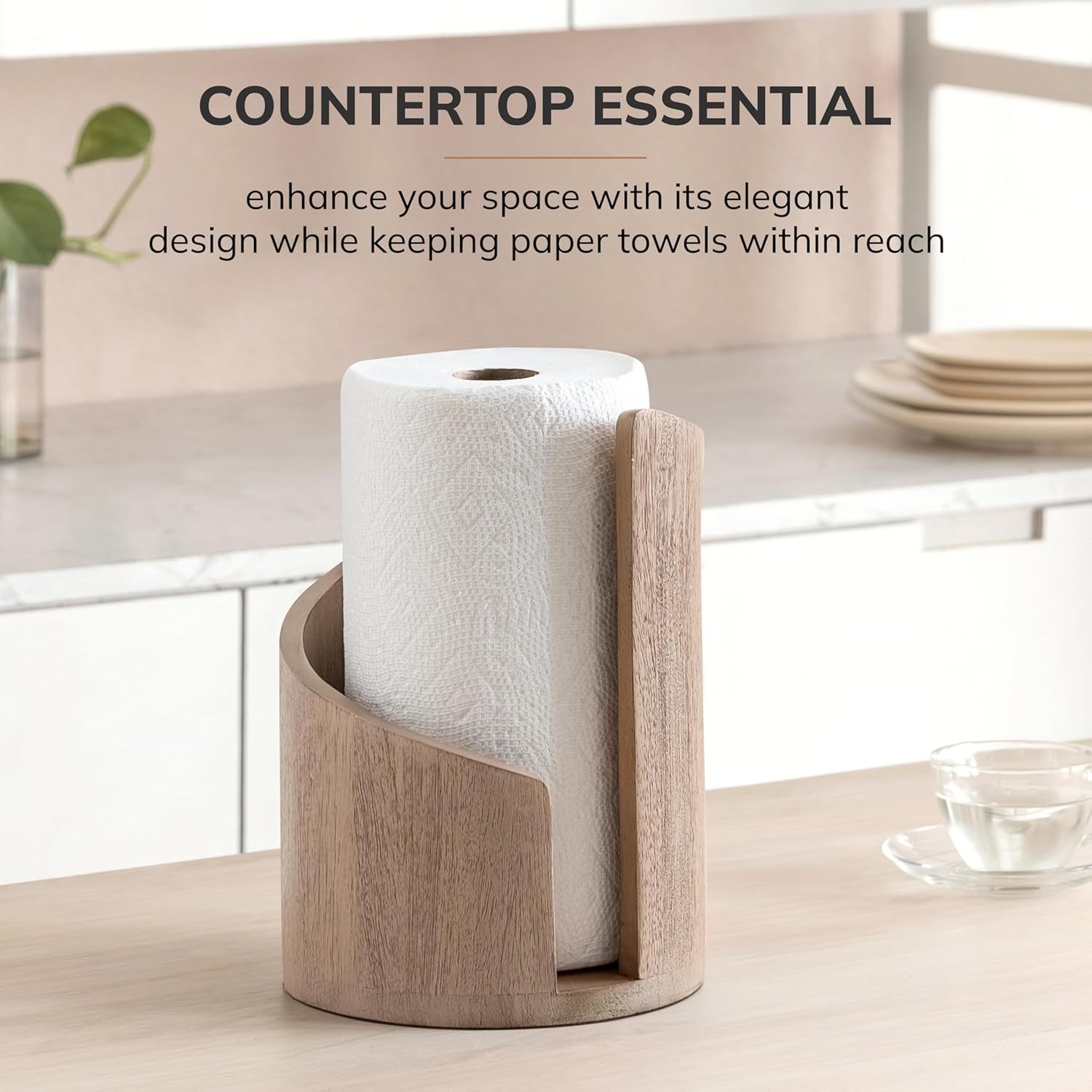 Mountain Paper Towel Holder Countertop with Mango Wood Round Base and Iron Holder