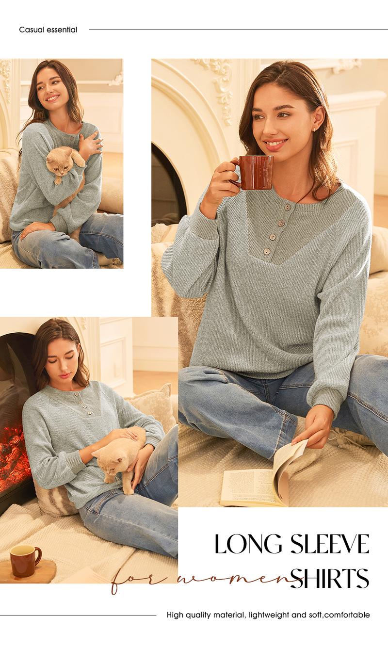 EVALESS Womens Fall Button Up V Neck Long Sleeve Sweatshirt,Lady Drop Shoulder Shirts,Casual Basic Pullover Tops,2025 Fashion Womenswear Minimalist Fall Winter Outfits