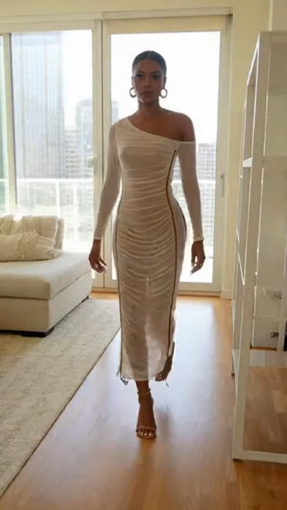 Striped Ruched Asymmetrical Neck Bodycon Dress