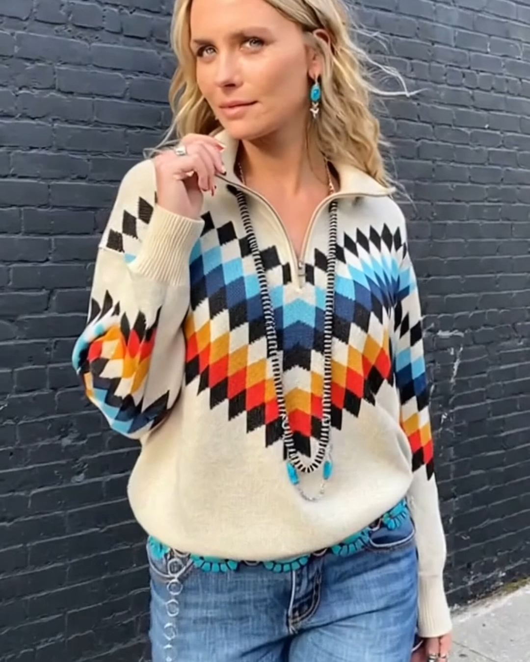 Western-Style Colorful Geometric Half-Zip Pullover