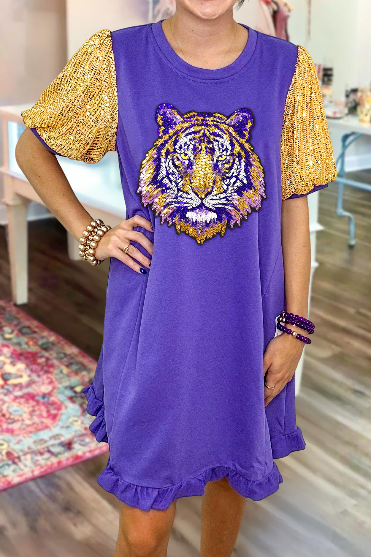 Game Day Purple and Gold Tiger Sequin Dress