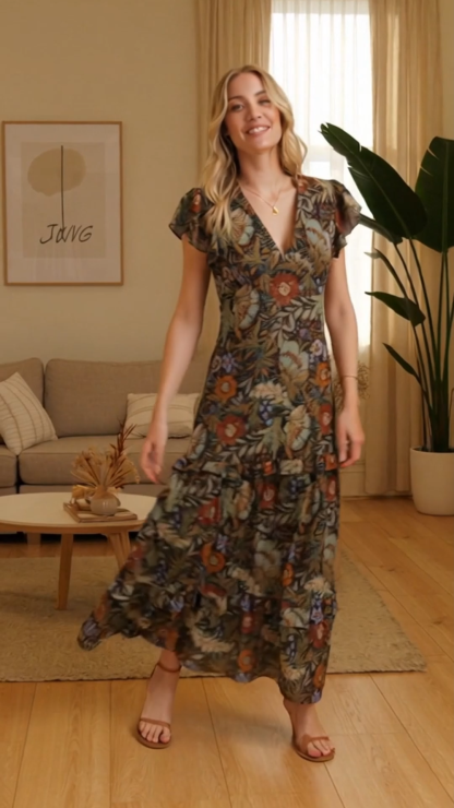 Vintage Floral V-Neck Chiffon Maxi Dress