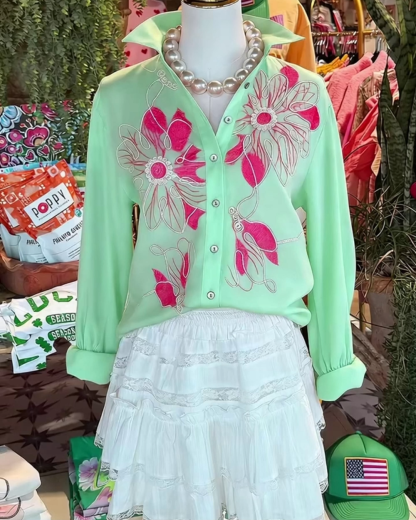 Fresh Color-Blocked Floral Cotton Beach Shirt