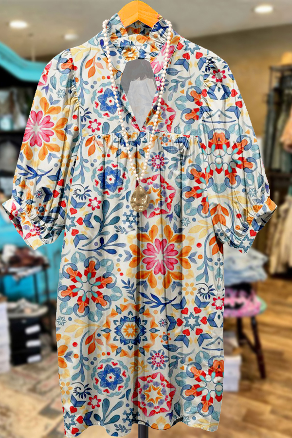 Women's dress | Elegant Puff Sleeve Easter Print Midi Dress |mywesternoutfit