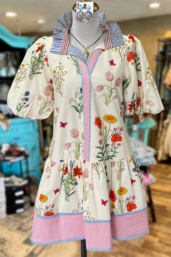 Elegant Patchwork Floral Print Midi Dress