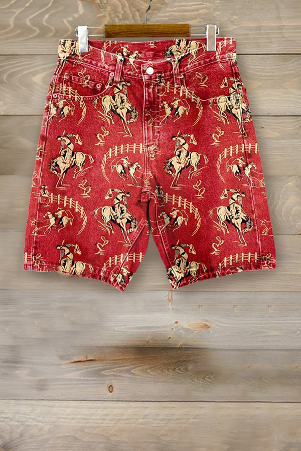 Women's shorts | Red Rodeo Print Casual Denim Shorts |mywesternoutfit