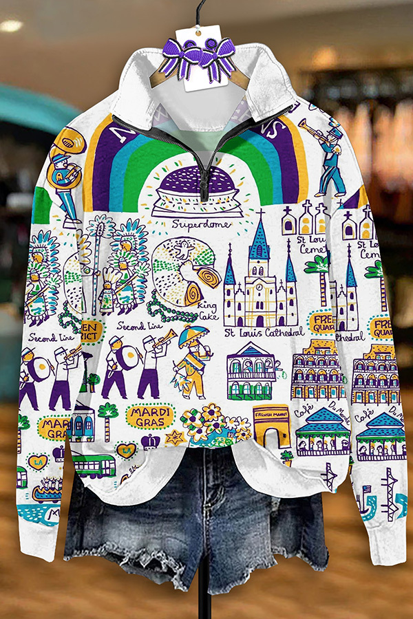 Women's sweatshirt | Vintage Mardi Gras Print Zip-Up Sweatshirt |mywesternoutfit