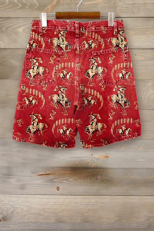 Red Rodeo Print Casual Denim Shorts