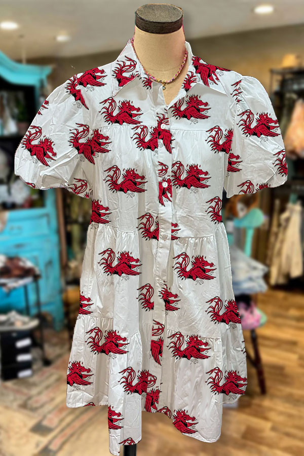 Gamecock Print Pleated Puff Sleeve Dress