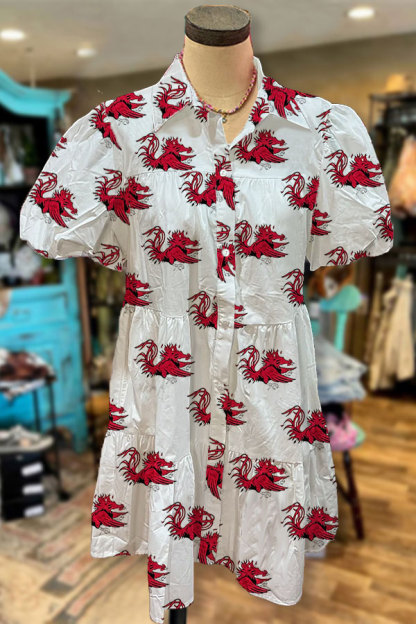 Gamecock Print Pleated Puff Sleeve Dress