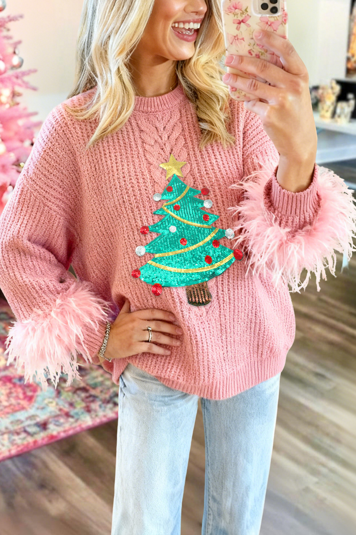 Sweet Christmas Tree Sequin Turkey Feather Sweater