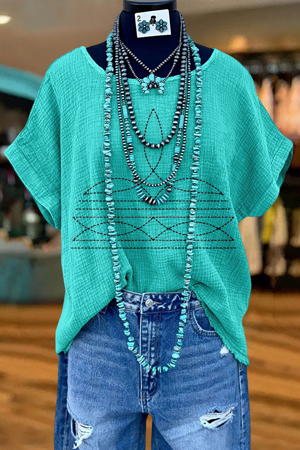 Cozy Western Cowboy Aztec Washed Dolman Sleeve T-Shirt