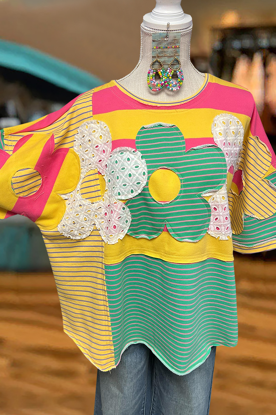 Fresh Floral Patchwork Contrast Color T-Shirt