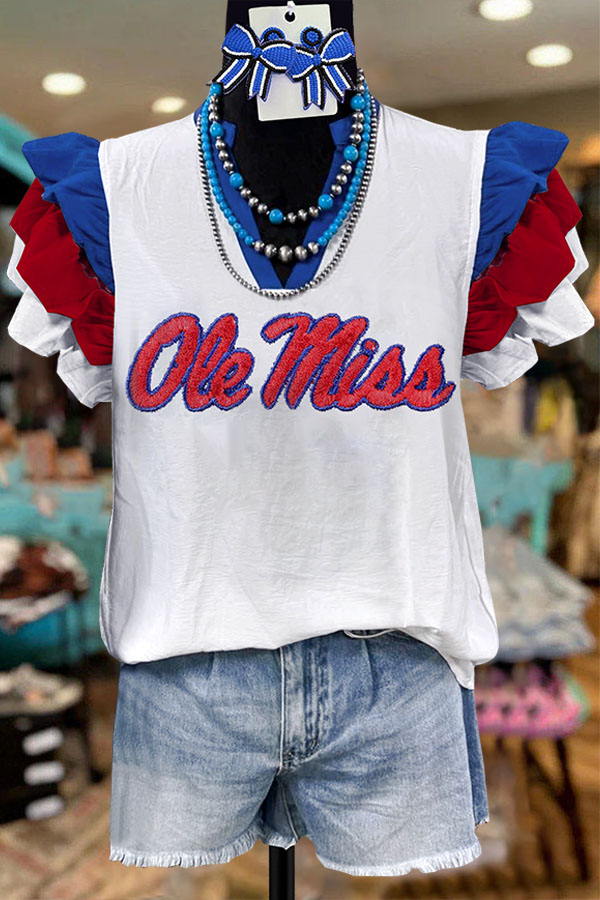 Color Block Ruffle Sleeve Ole Miss Shirt