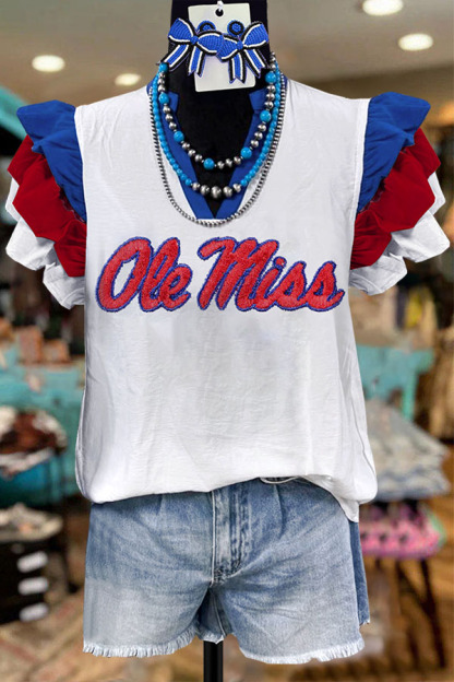Color Block Ruffle Sleeve Ole Miss Shirt