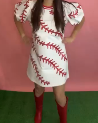 Game Day Baseball Puff Sleeve Dress