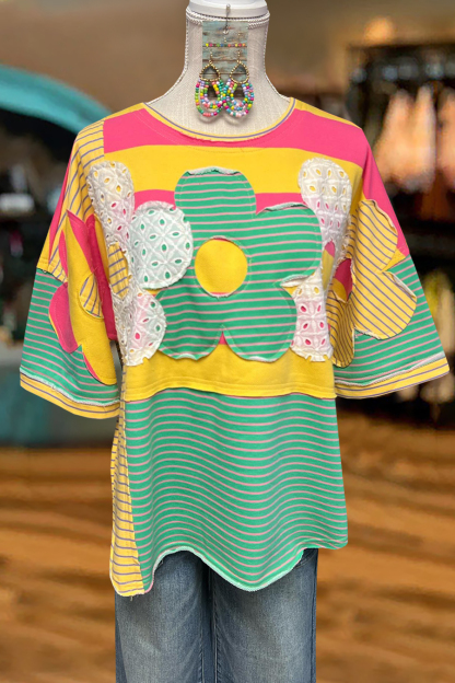 Fresh Floral Patchwork Contrast Color T-Shirt