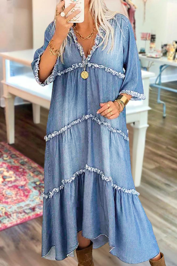Washed Denim Frayed Beach Cake Maxi Dress