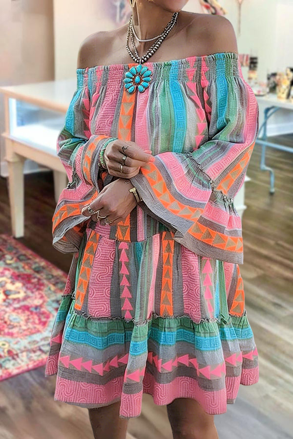 Resort Cotton Colorful Striped Ruffled Elastic Neck Midi Dress