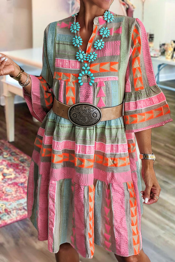 Colorful Striped Cotton Ruffled Sleeves Midi Dress