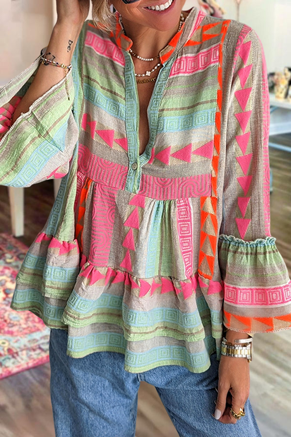 Cotton Colorful Striped Ruffle Sleeve Shirt